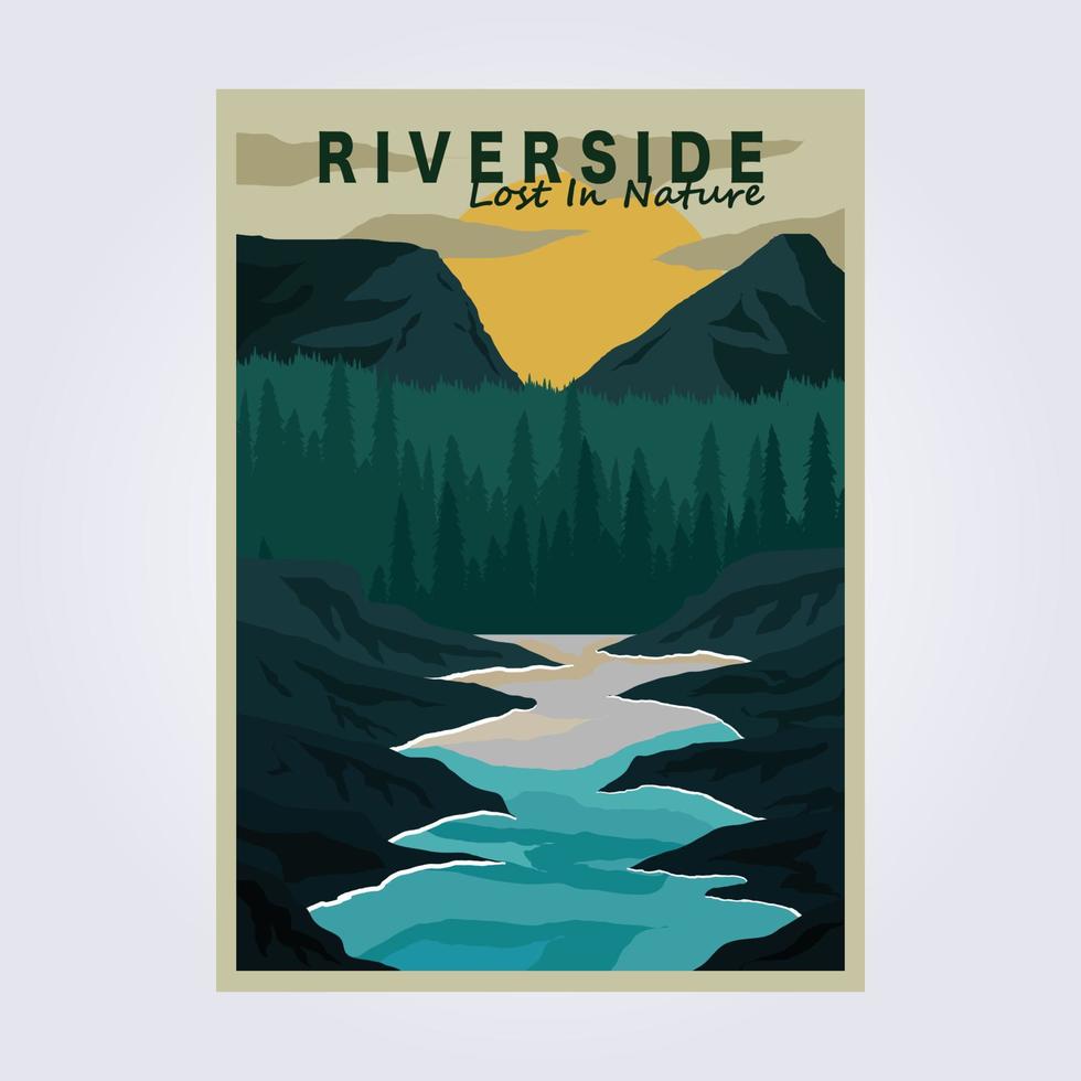 pic riverside montagne vintage affiche vecteur classique illustration conception débit d'eau rafting