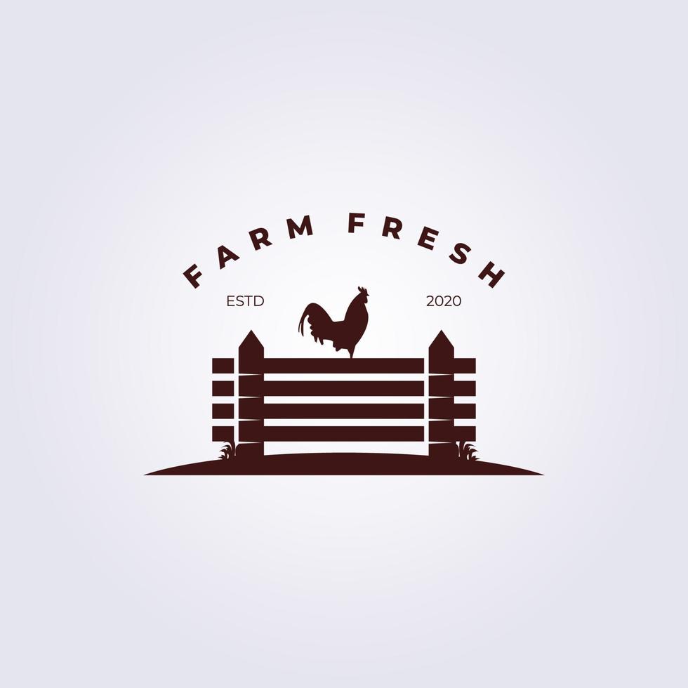 Coq frais de la ferme sur la conception d'illustration vectorielle du logo de la clôture vecteur