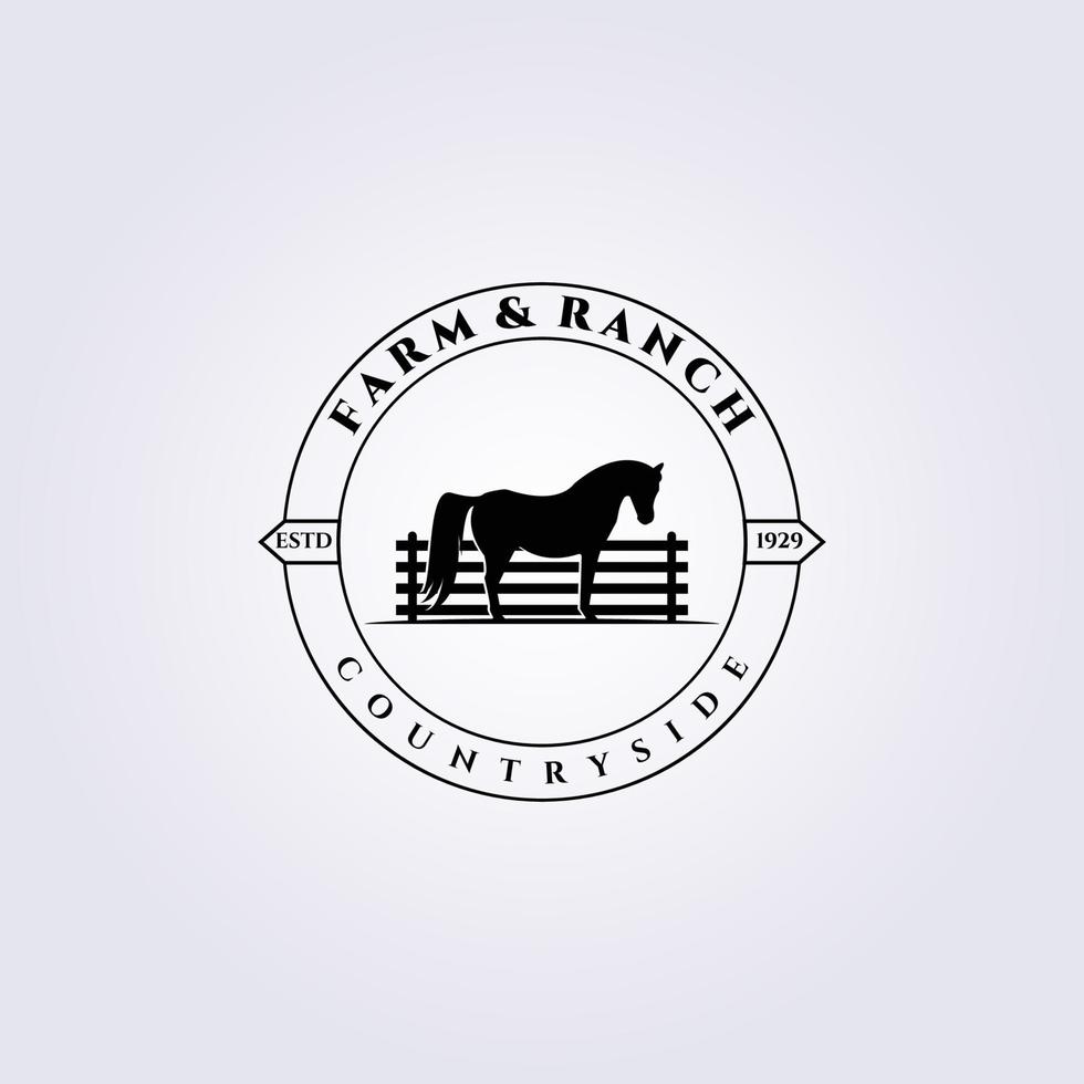 conception d'illustration vectorielle de logo de ferme et de ranch, logo de cheval de clôture vintage vecteur