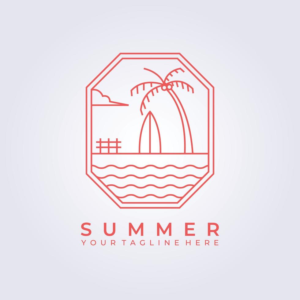 océan surf plage hawaii logo vecteur icône dessin au trait simple illustration conception cadre logo insigne emblème
