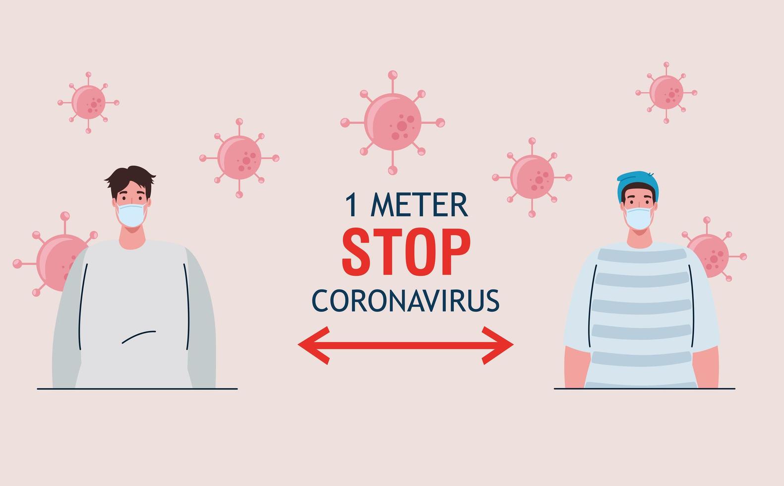 distanciation sociale, arrêter le coronavirus à un mètre de distance, garder la distance dans la société publique avec les personnes protégées contre le covid 19, hommes portant un masque médical contre le coronavirus vecteur