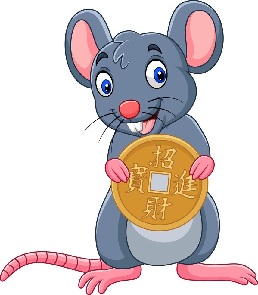 rat de dessin animé drôle comme symbole du nouvel an 2020 tenant une pièce d'or. traduction chinoise vecteur