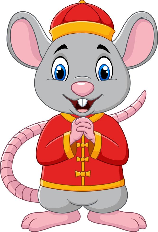 rat de dessin animé saluant gong xi gong xi avec costume traditionnel chinois. nouvel An chinois. année du rat vecteur