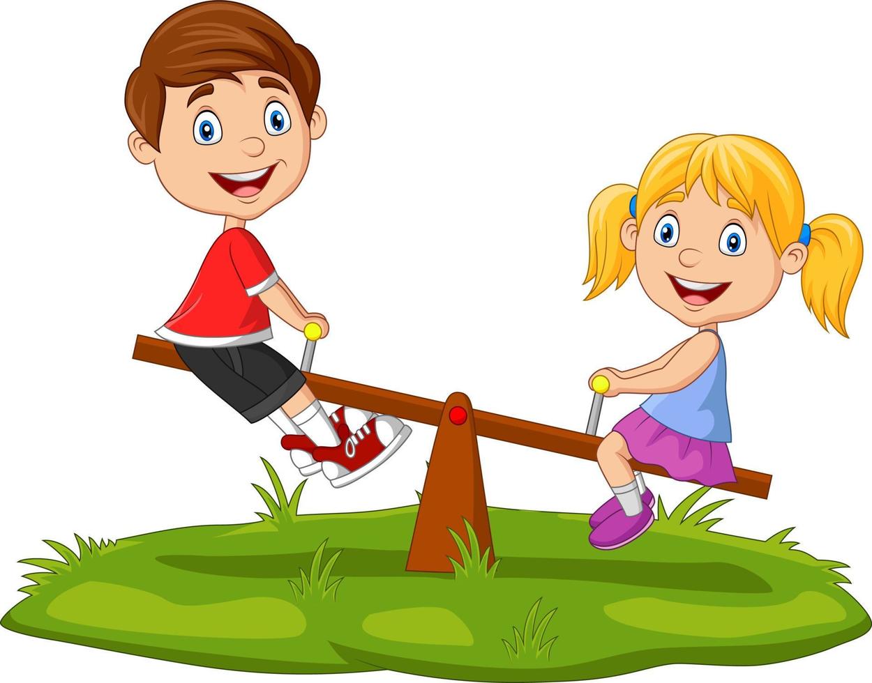 dessin animé enfants jouant sur la balançoire dans le parc vecteur