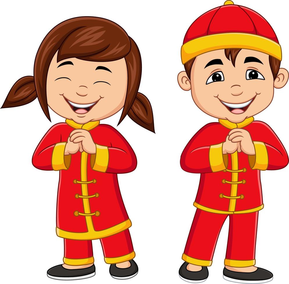 enfants chinois de dessin animé portant un costume traditionnel chinois vecteur