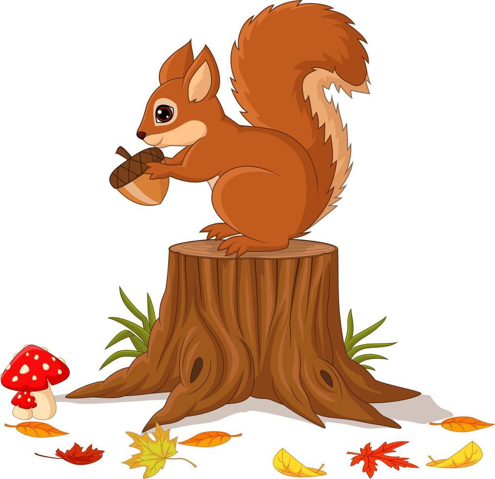 écureuil drôle de dessin animé tenant une pomme de pin sur une souche d'arbre vecteur