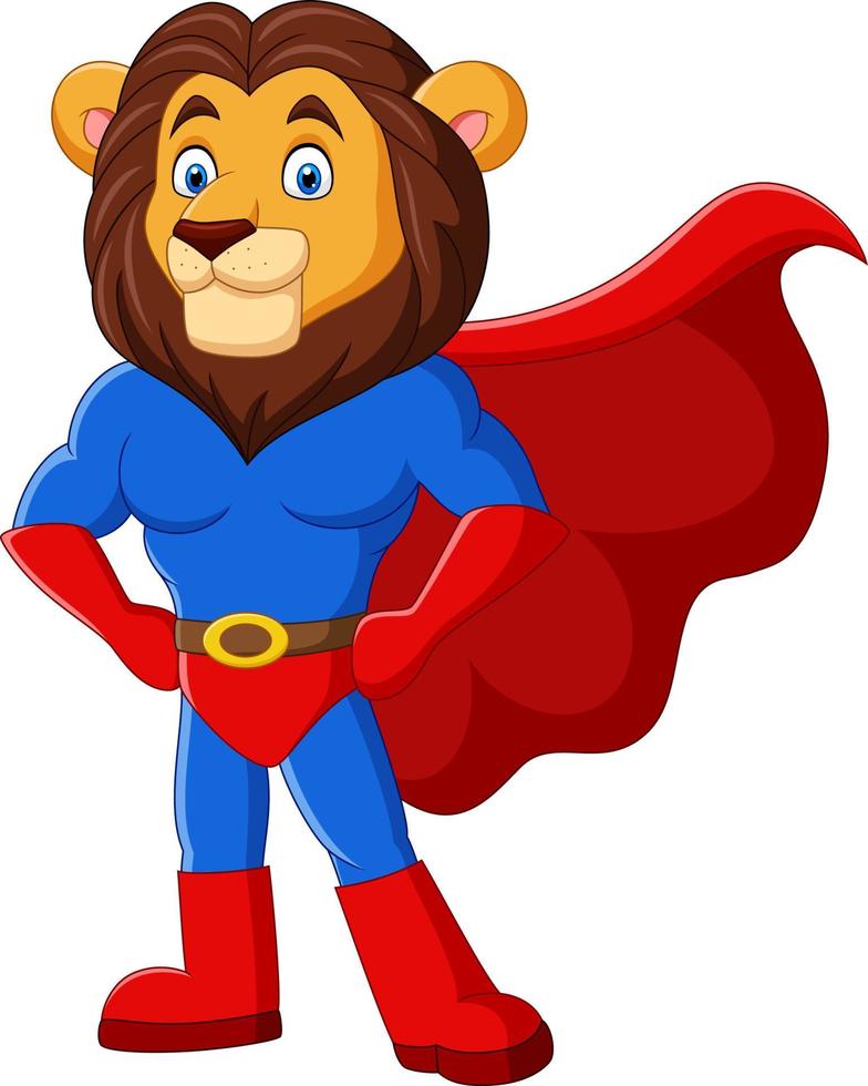 dessin animé drôle de lion de super-héros posant vecteur