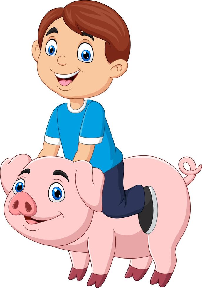 dessin animé heureux petit garçon équitation cochon vecteur