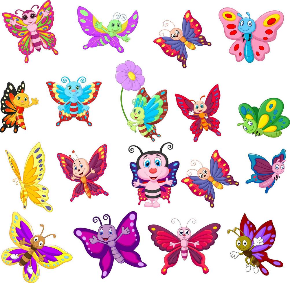 collection de dessins animés de papillons sur fond blanc vecteur