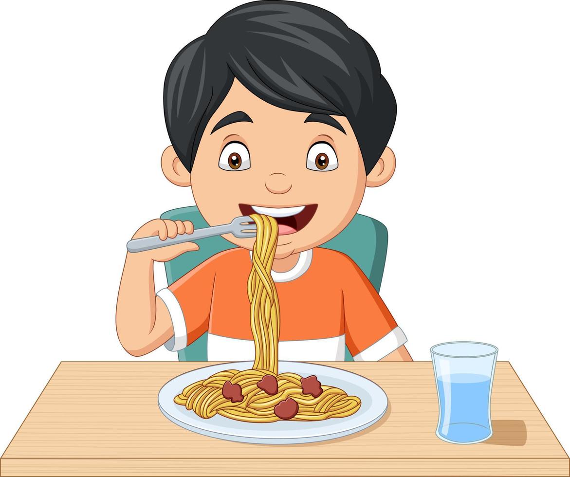 dessin animé petit garçon mangeant des spaghettis vecteur