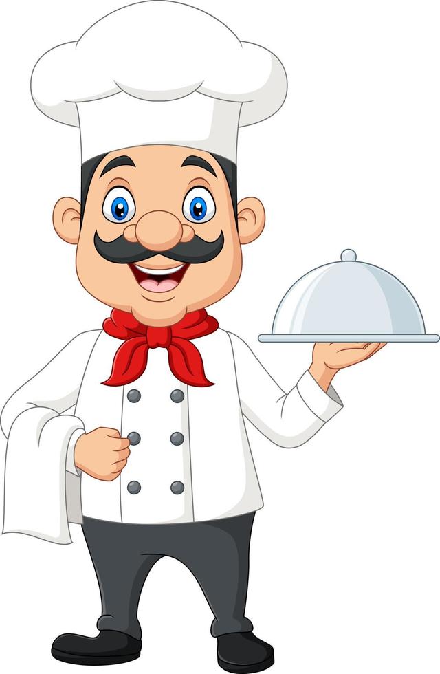 chef drôle de dessin animé avec une moustache tenant un plateau d'argent vecteur