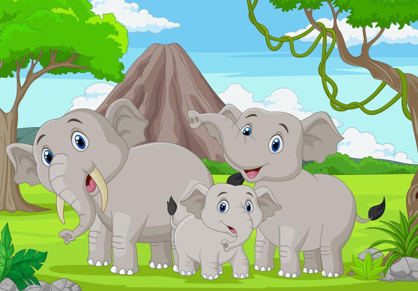 famille d'éléphants de dessin animé dans la jungle vecteur