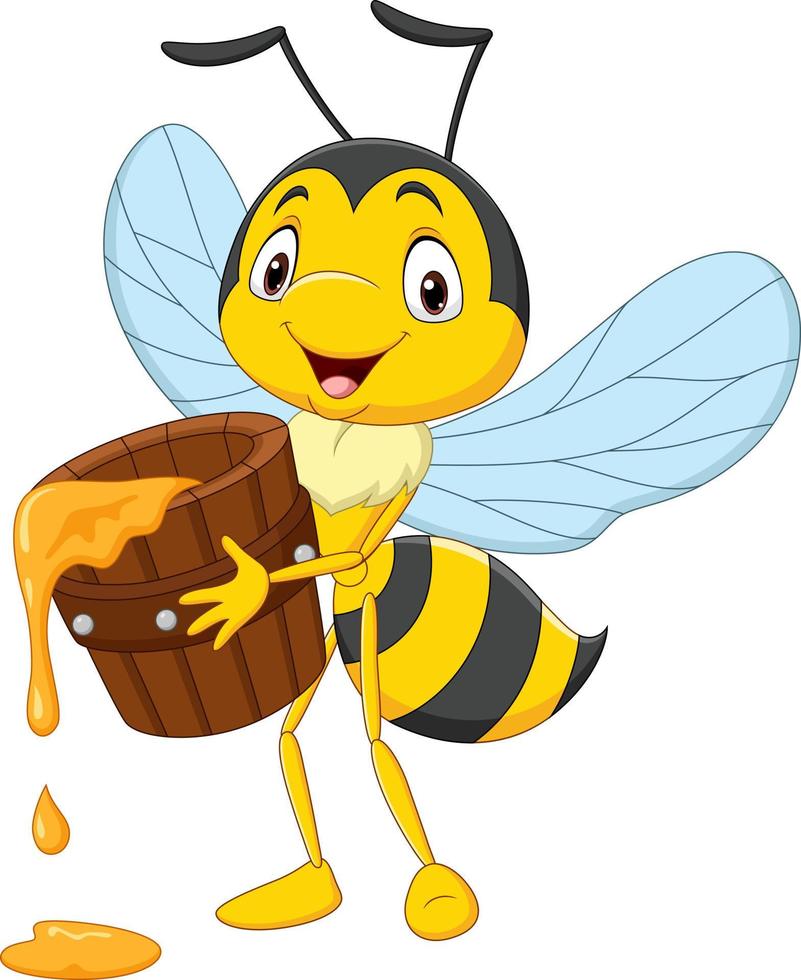 dessin animé mignon petite abeille tenant un seau de miel vecteur