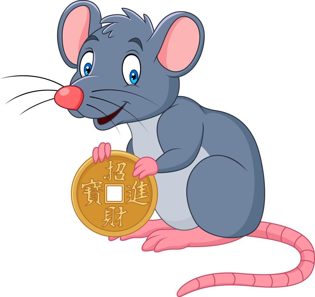 rat de dessin animé drôle comme symbole du nouvel an 2020 tenant une pièce d'or. traduction chinoise vecteur