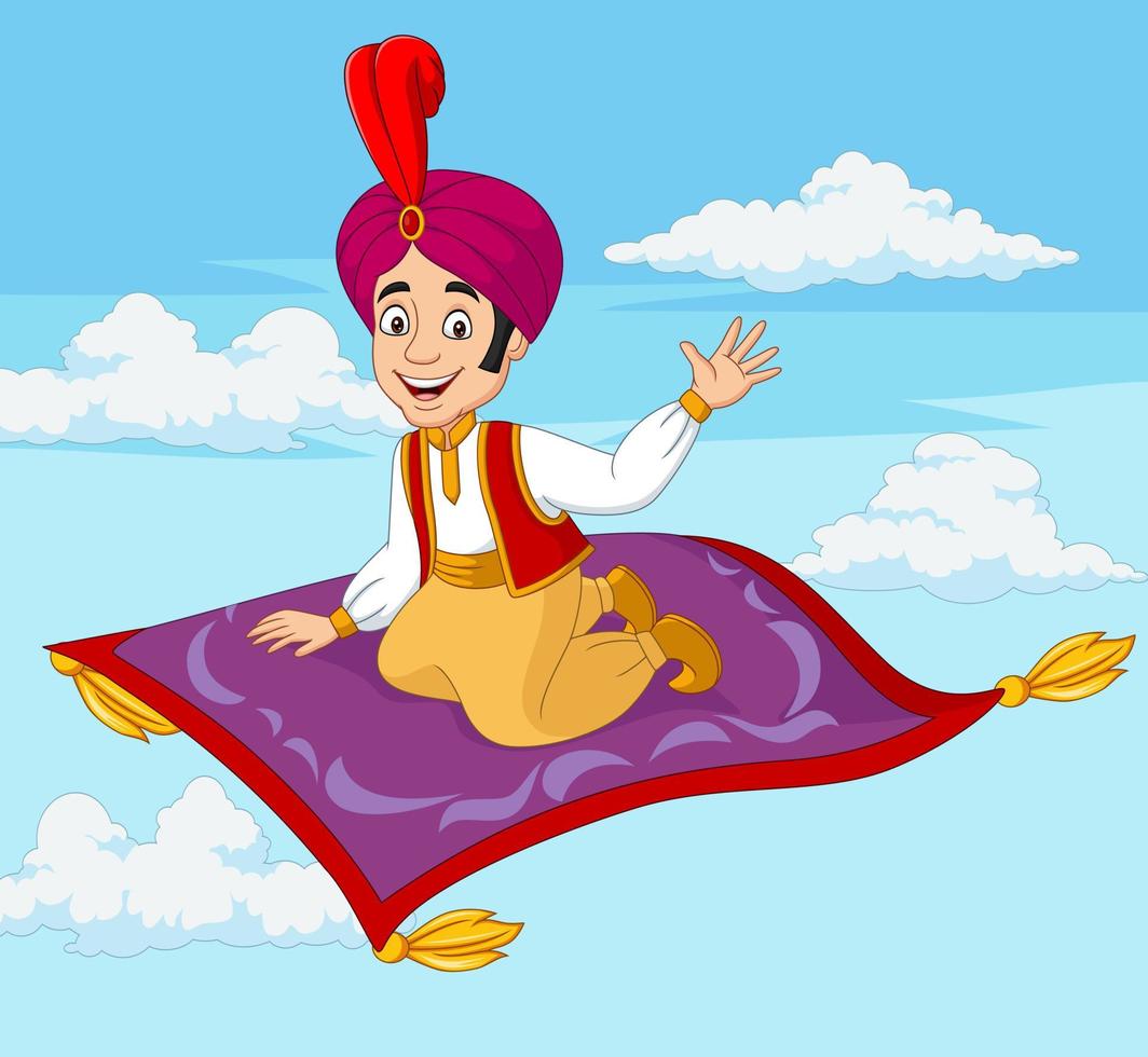 dessin animé aladdin voyageant sur un tapis volant vecteur