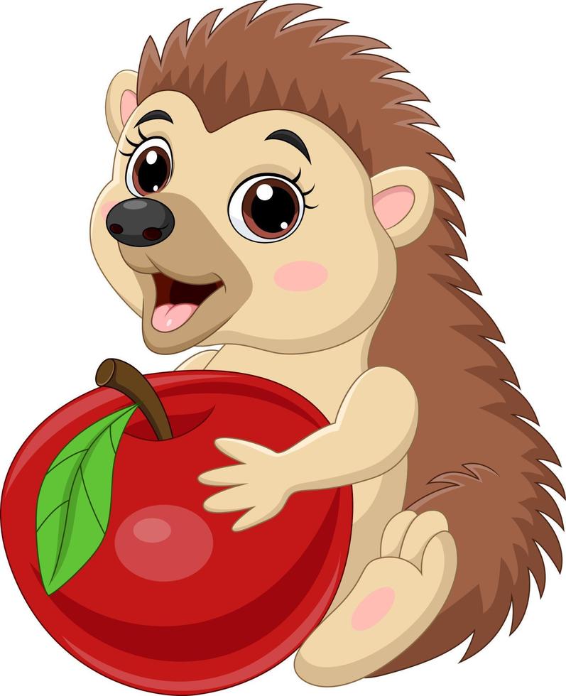 dessin animé bébé hérisson tenant une pomme rouge vecteur