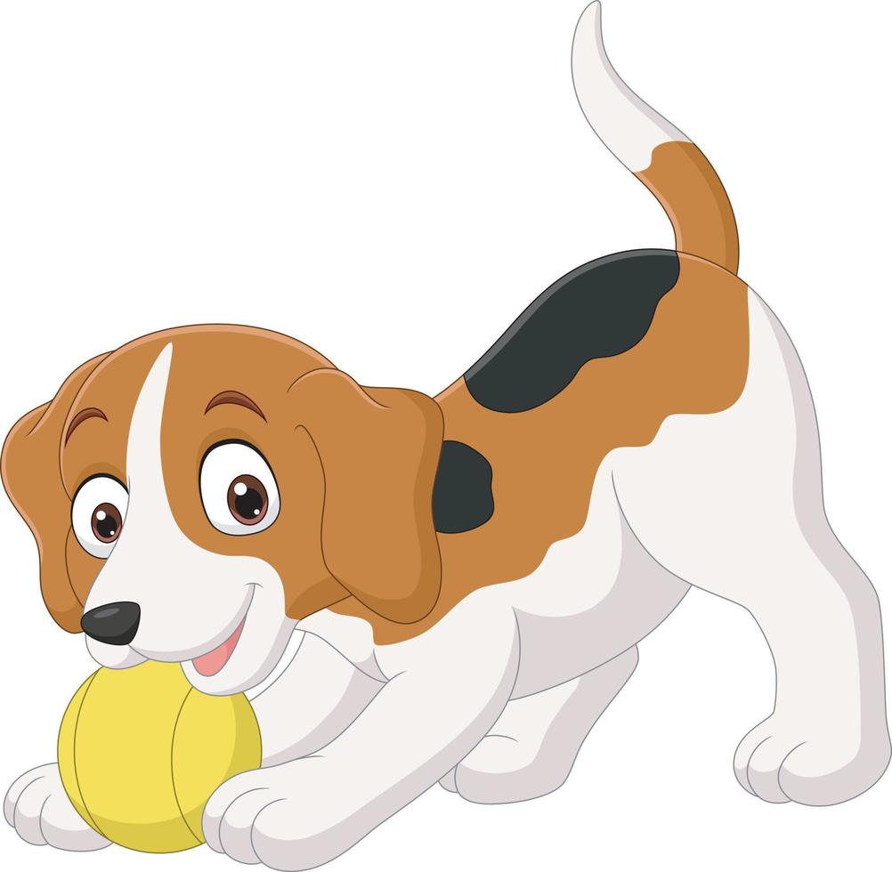 dessin animé drôle petit chien jouant au ballon vecteur