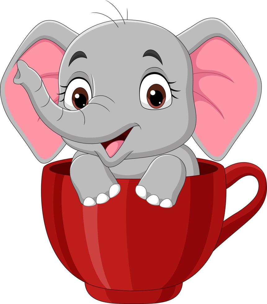 dessin animé drôle bébé éléphant assis dans une tasse rouge vecteur