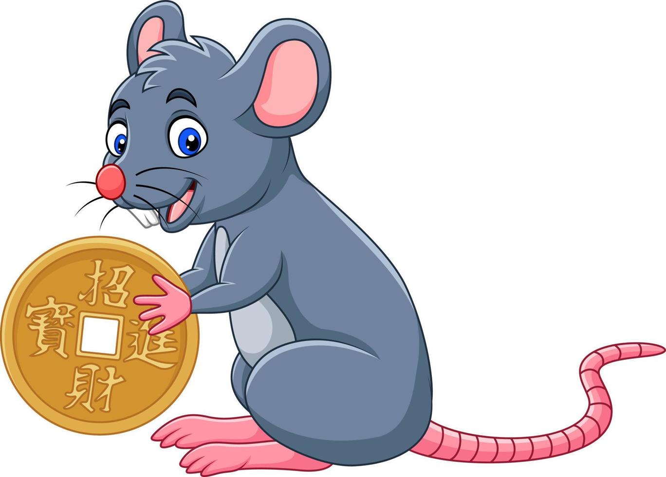 rat de dessin animé drôle comme symbole du nouvel an 2020 tenant une pièce d'or. traduction chinoise vecteur