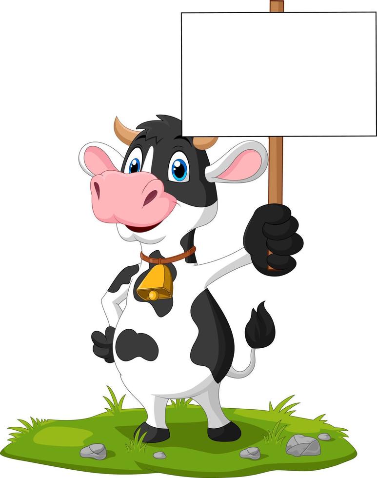 vache drôle de dessin animé tenant une pancarte blanche vecteur