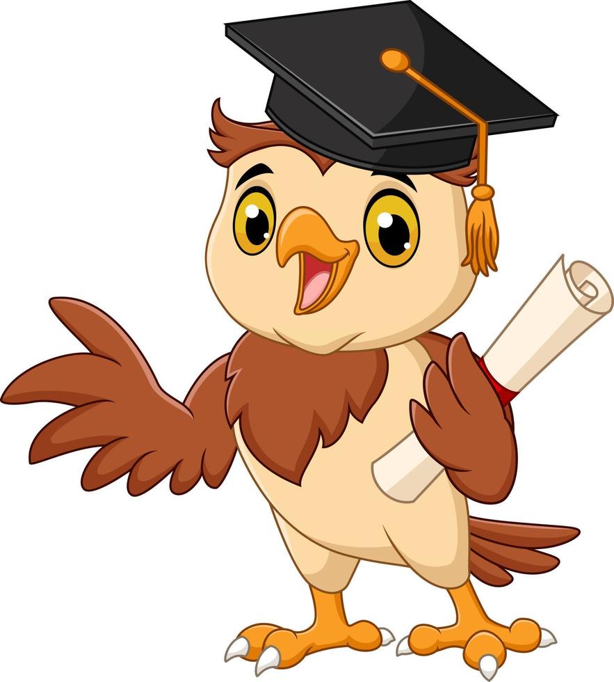 hibou de dessin animé portant une casquette de graduation tenant un diplôme vecteur
