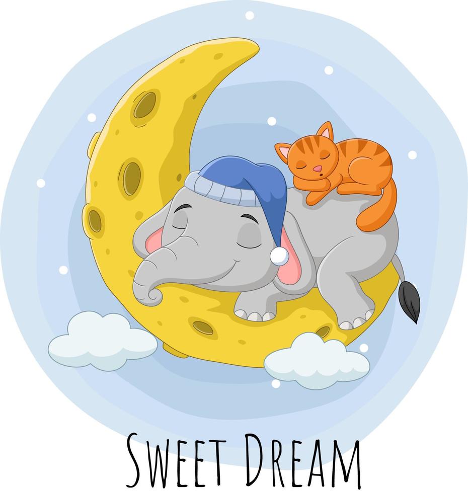 dessin animé éléphant et chat dormant sur la lune vecteur