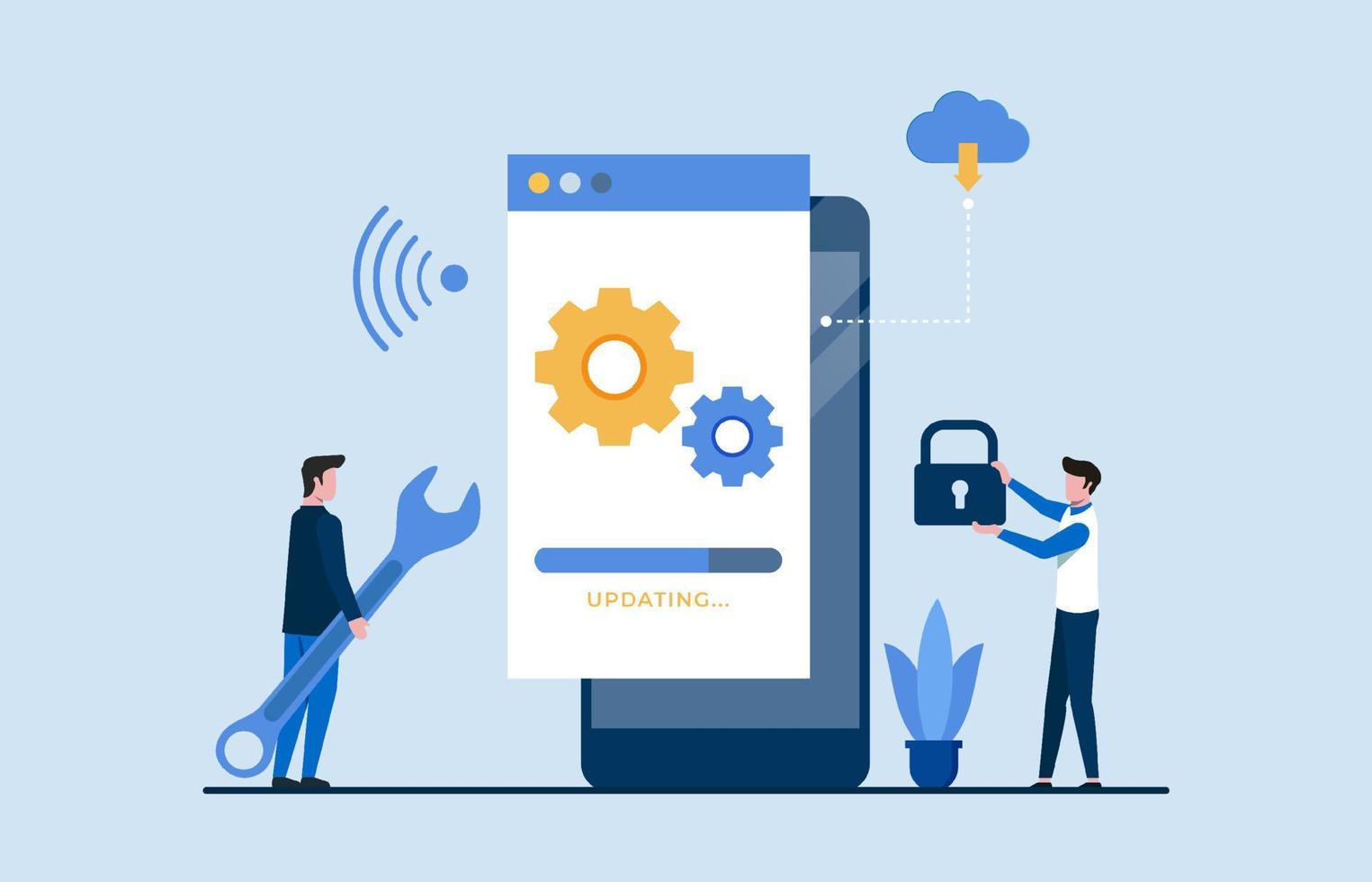 personnes mettant à jour le logiciel sur l'écran du téléphone avec barre de progression et illustration vectorielle du système logiciel d'installation. vecteur
