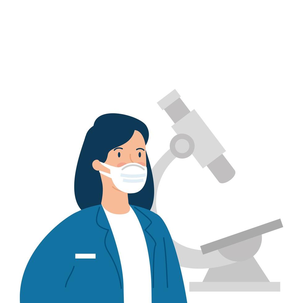 femme médecin avec icône isolé au microscope vecteur