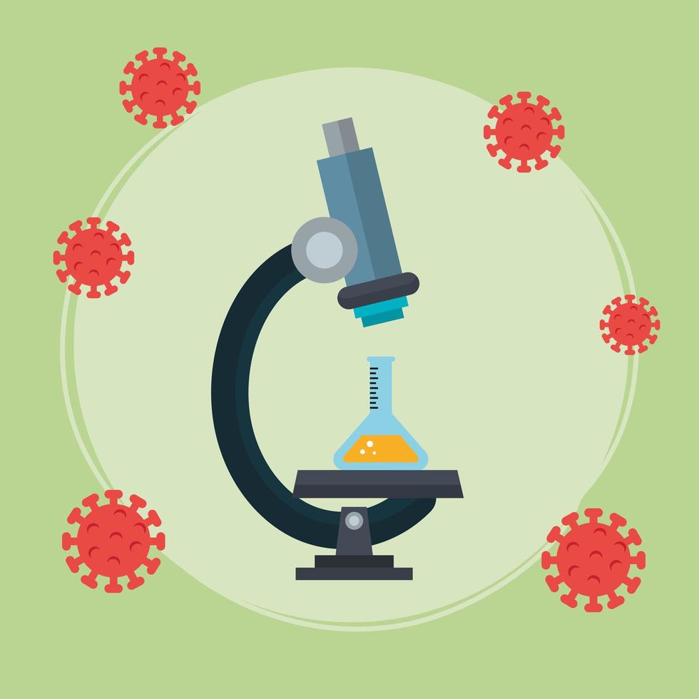 microscope avec particules de covid 19 et tube test vecteur