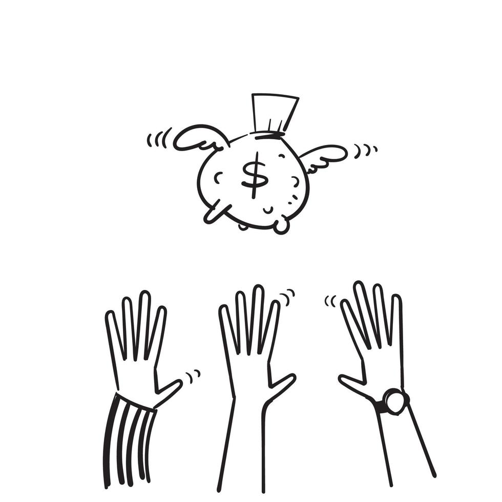 sac d'argent doodle dessiné à la main avec des ailes et des mains essayant de l'atteindre illustration vecteur