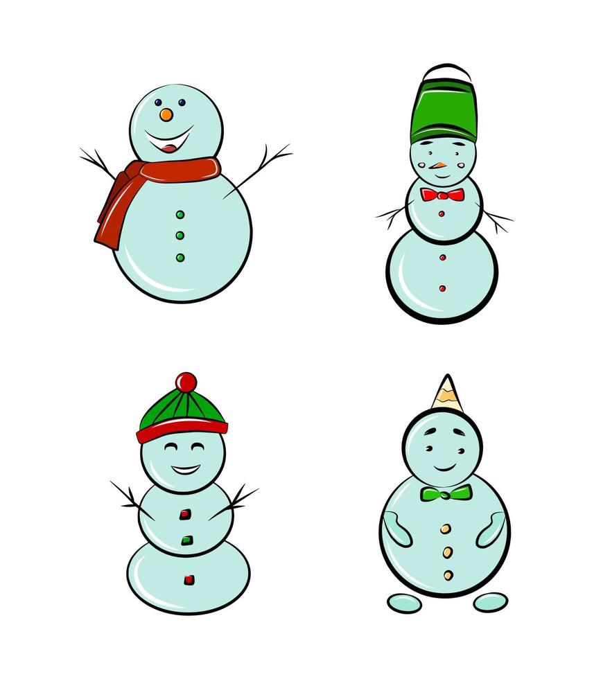 bonhomme de neige illustration vectorielle jeu de caractères de dessin animé plat isolé sur blanc saison d'hiver de noël vecteur