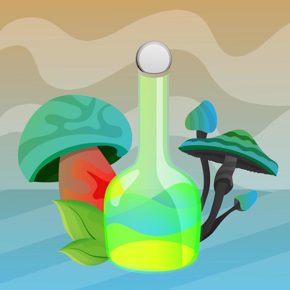 produit chimique de verre de briseur de vecteur avec illustration de forme de champignon et de nature