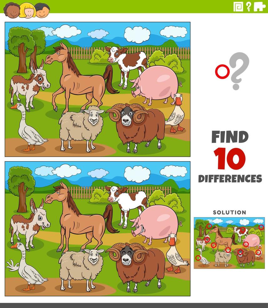 jeu éducatif de différences avec des animaux de la ferme de dessin animé vecteur