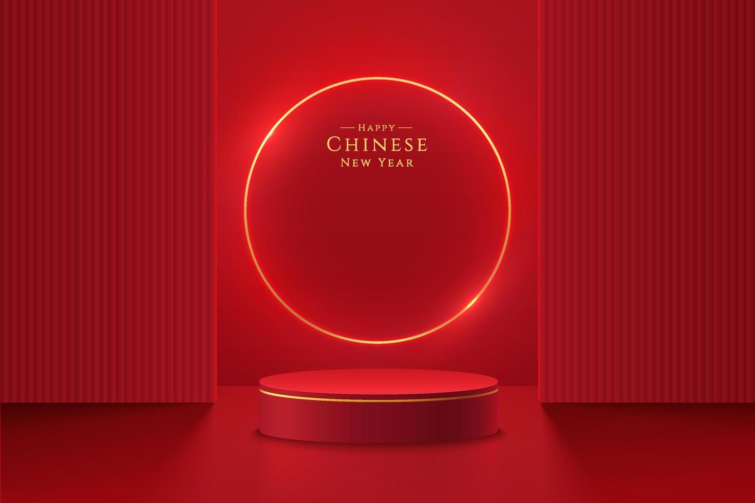 podium de piédestal de cylindre 3d rouge foncé et or réaliste avec fond de lampe de cercle illuminé. scène minimale pour la vitrine des produits, l'affichage de la promotion. plate-forme de salle de studio abstraite. bonne fête des lanternes. vecteur