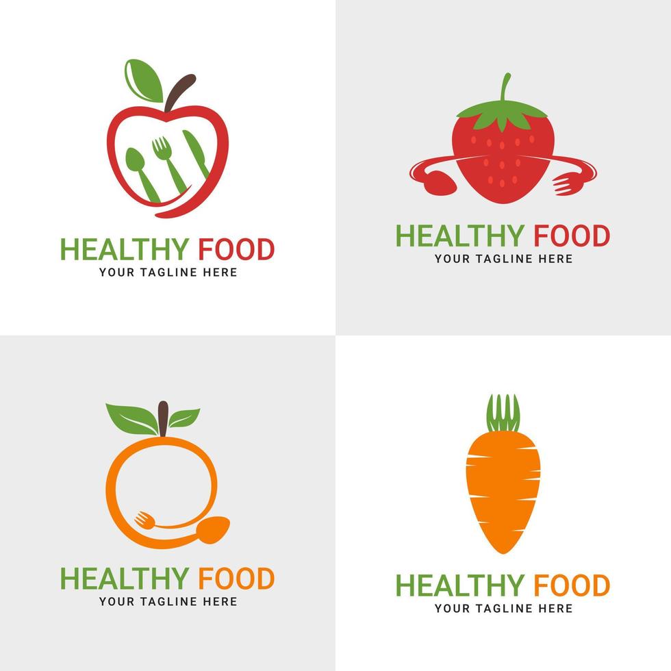 ensemble d'illustrations de concept de conception de logo de symbole d'aliments sains biologiques, pomme, fraise, orange, carotte vecteur