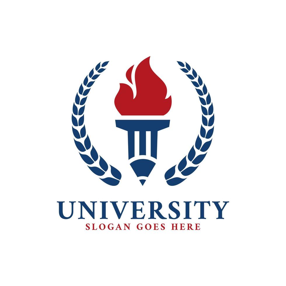 modèle de logo d'enseignement collégial avec vecteur d'icône de torche crayon feuille de laurier