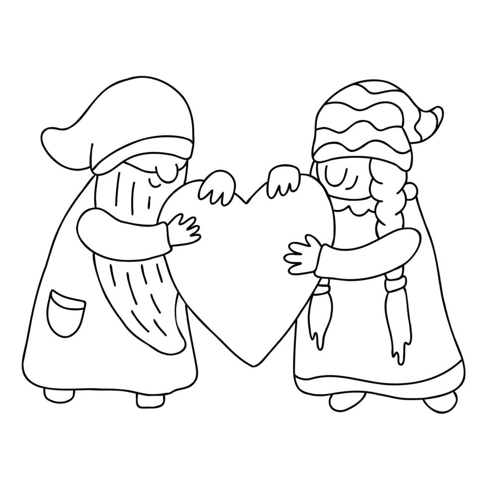 couple de gnomes avec un coeur. drôles de personnages. doodle illustration dessinée à la main isolée sur blanc. idéal pour les livres à colorier, les cartes de la Saint-Valentin. vecteur