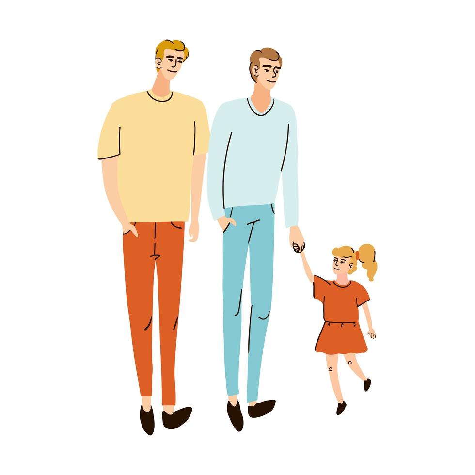 jeune famille, deux papas et sa fille marchant ensemble vecteur