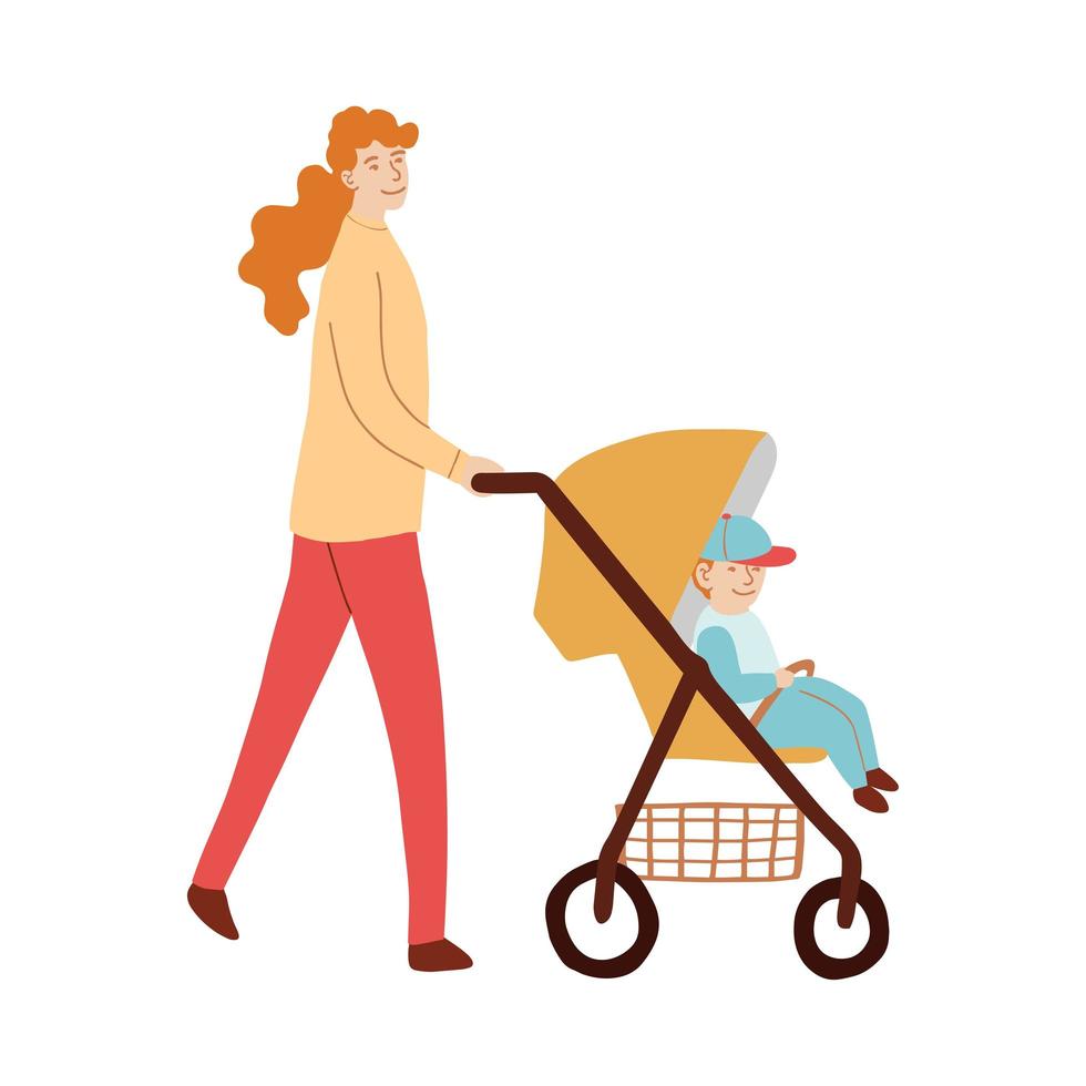 illustration de maman avec enfant marchant avec une poussette vecteur