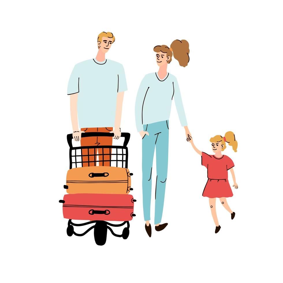 illustration d'une famille avec enfant marchant avec des bagages sur un chariot vecteur
