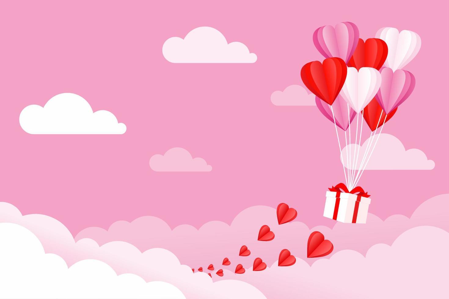 saint valentin, concept de fond d'amour. illustration de ballons coeur et coffret cadeau flottant dans le ciel avec des nuages. illustration vectorielle vecteur