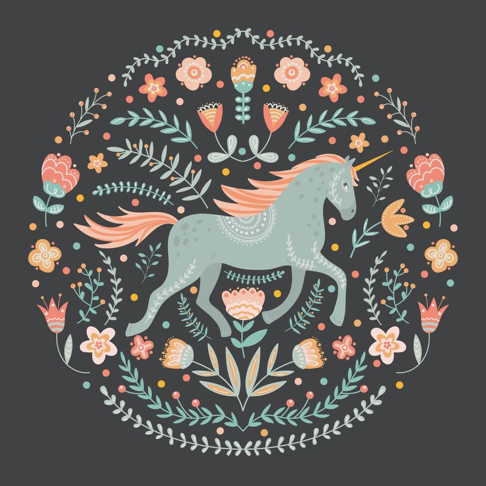 Licorne et motifs floraux, illustration dans le style de l'art populaire. vecteur