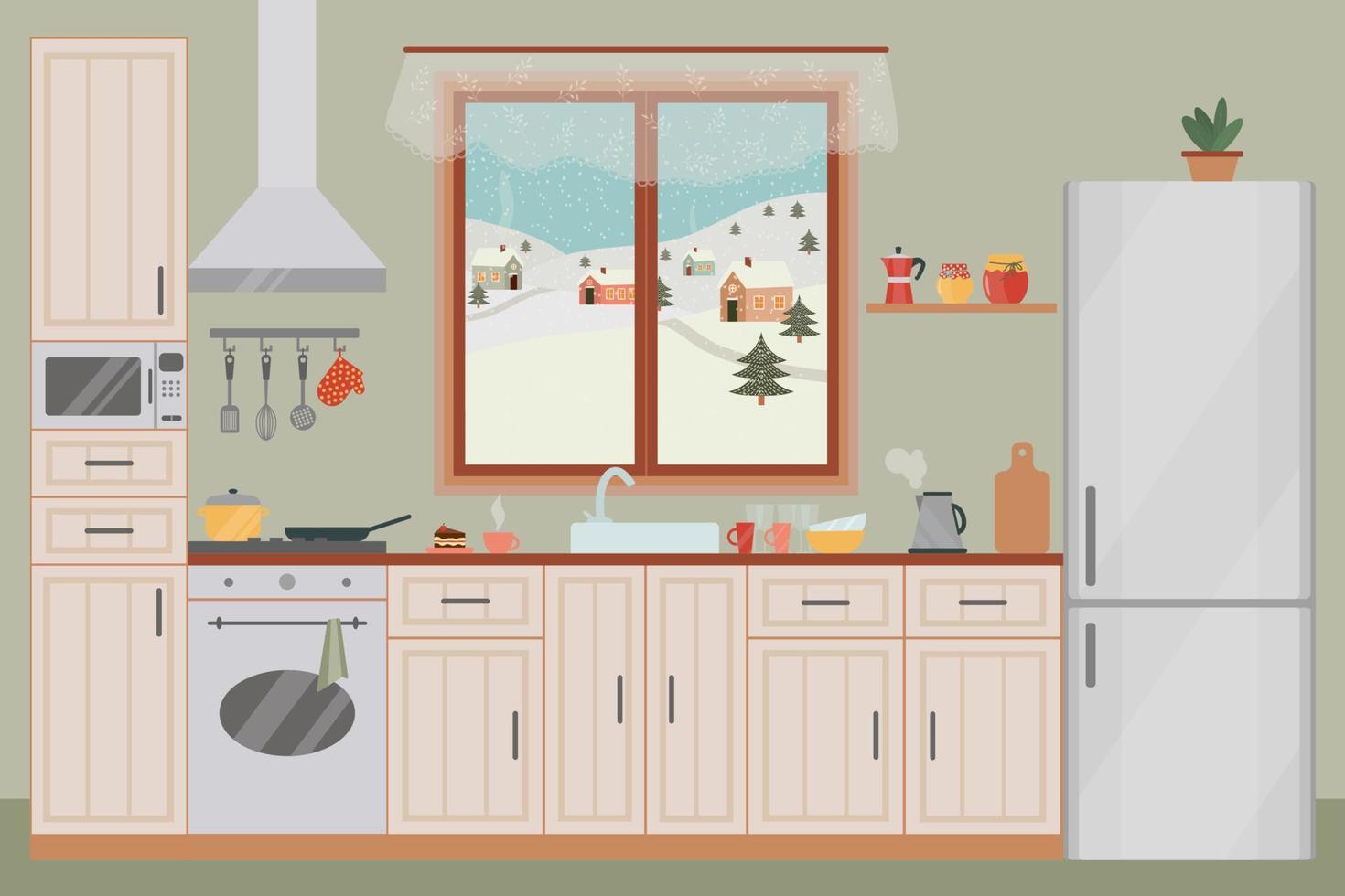 intérieur de cuisine confortable avec une fenêtre. réfrigérateur, four, micro-onde, pot de fleurs, vaisselle. vecteur