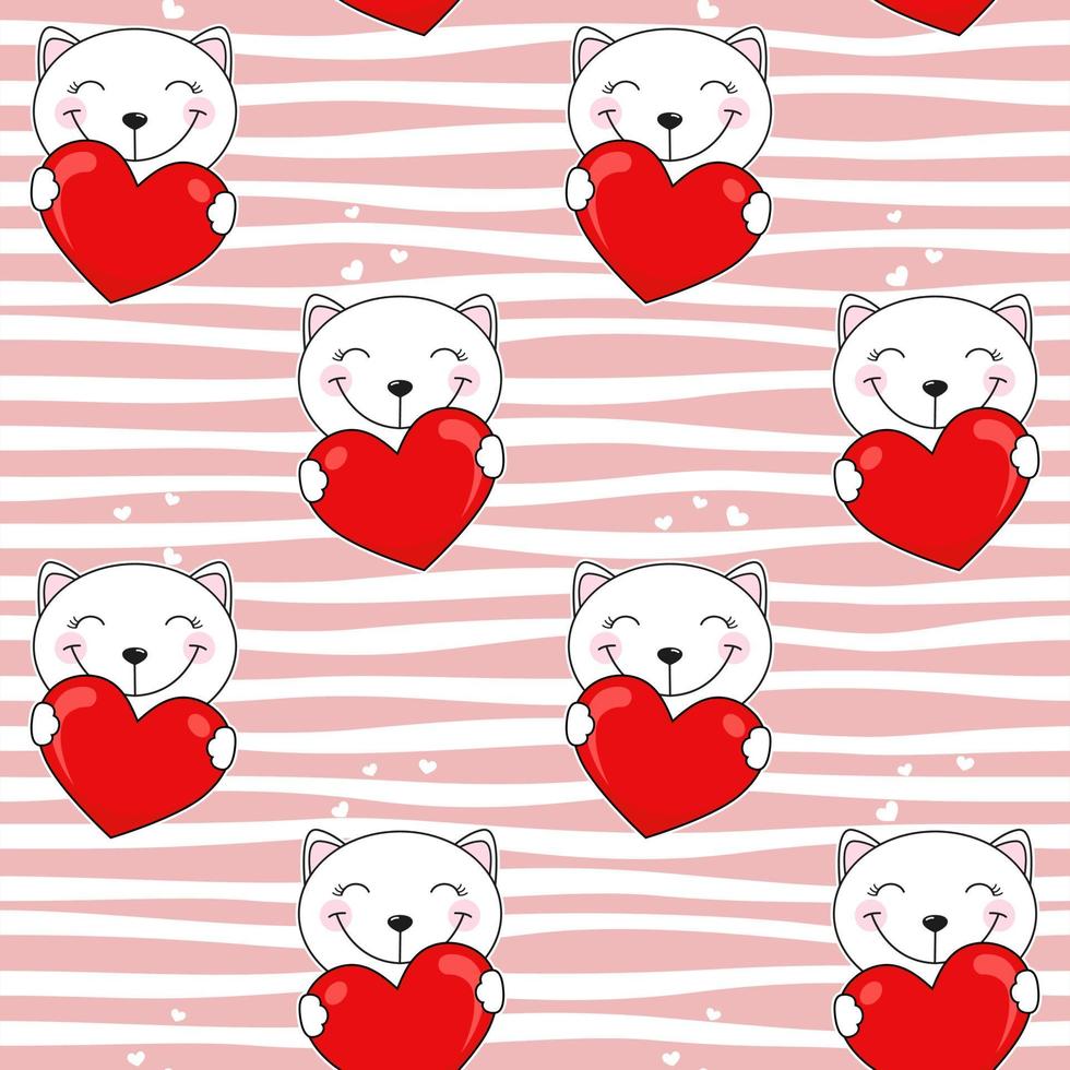 chats de dessin animé mignon avec coeur rouge. motif rayé sans couture. vecteur