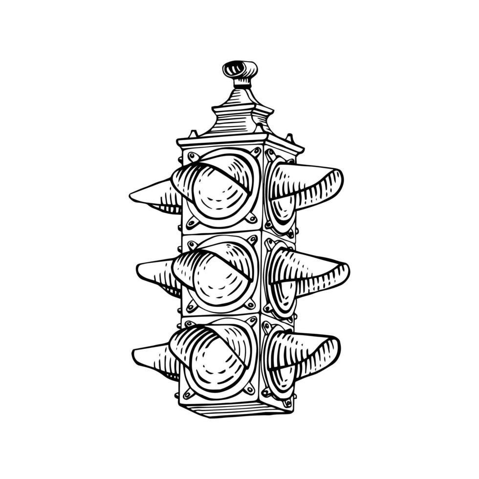 icône de contour dessiné à la main de sémaphore de feu de circulation vintage. projecteur, carrefour, réglementation de la circulation urbaine. illustration de croquis de vecteur pour impression, web, mobile, infographie sur fond blanc.