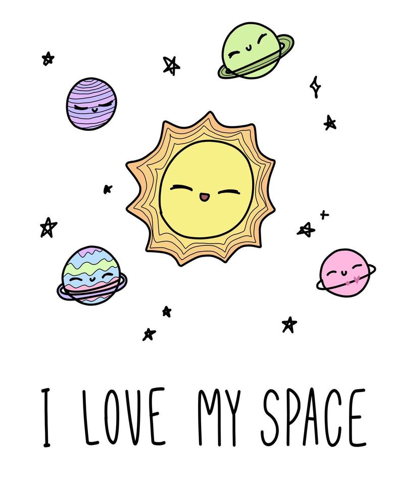 j'aime mon espace. mignon doodle cosmos avec étoiles planètes solaires pour carte postale, affiche, arrière-plan. illustration vectorielle dessinés à la main. vecteur