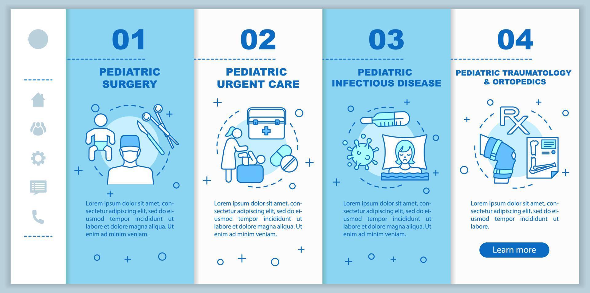 services pédiatriques d'intégration du modèle vectoriel de pages Web mobiles. chirurgie, soins urgents. idée d'interface de site Web de smartphone réactif avec des icônes linéaires. écrans pas à pas de la page Web. notion de couleur