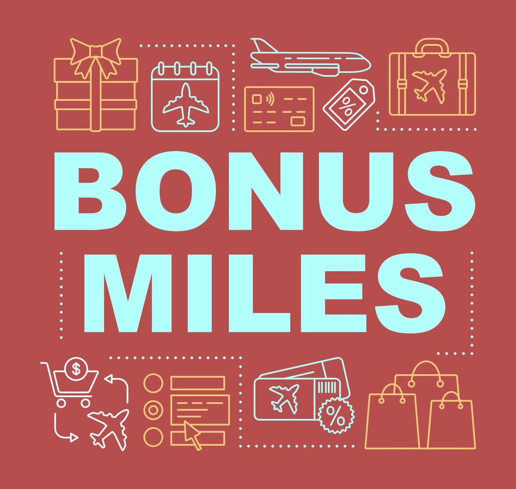 bannière de concepts de mot bonus miles. gagner des miles aériens. vols low cost. billets à prix réduit. présentation, site web. idée de typographie de lettrage isolé avec des icônes linéaires. illustration de contour de vecteur