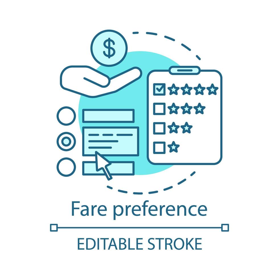 icône de concept de préférence tarifaire. illustration de la ligne mince de l'idée des coûts de transport. services, prix des classes aériennes. commodités de l'avion. frais de voyage. dessin de contour isolé de vecteur. trait modifiable vecteur