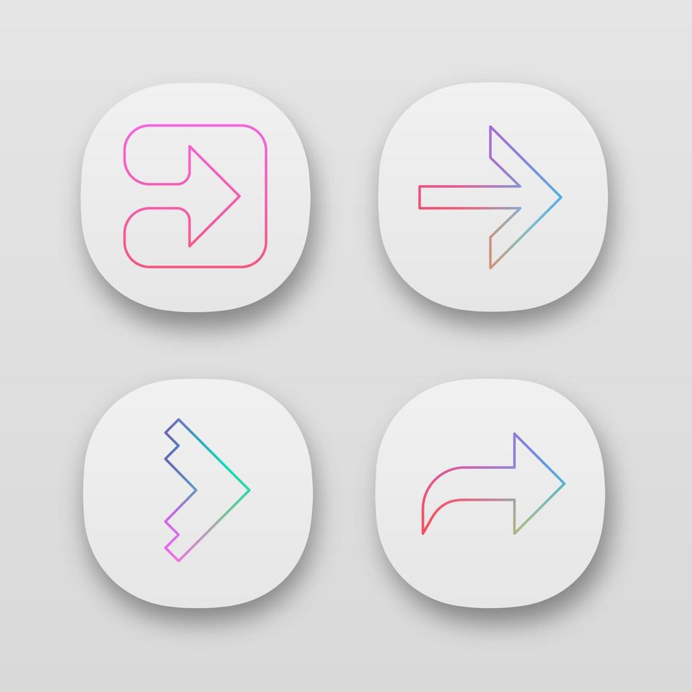 ensemble d'icônes d'application de types de flèches. flèches avant, droite, courbes et géométriques. pointe de flèche indiquant vers la droite. flèche suivante. interface utilisateur ui ux. applications web ou mobiles. illustrations vectorielles isolées vecteur
